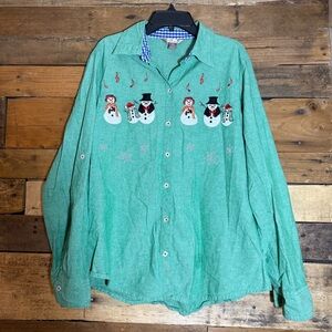 Vintage Large Green Long Sleeve Button Up Chambray Shirt Christmas Snowman Music